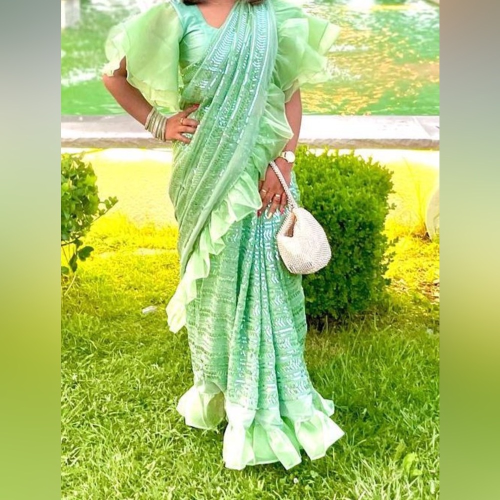 Ruffle mint saree
